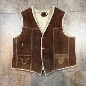 VTG 80s Mexican Genuine Leather Suede Sherpa Lined Rancher Western Cowboy Vest